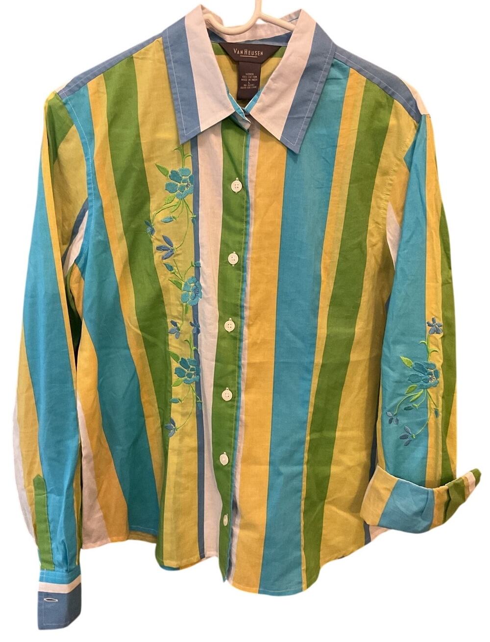 Womens Van Heusen Large Cotton shirt blue green Yellow white Embroidered